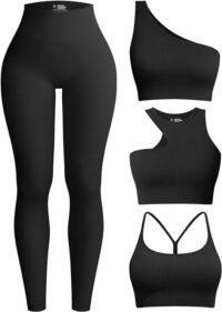 OQQ Womens 4 Piece Workout Outfits Ribbed Yoga High Waist Leggings with 3  Piece Crop Tops with Sports Bra Exercise Set - Dream Dance Fitness